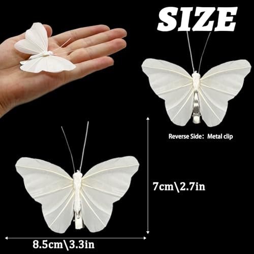 12PCS Artificial Feather 3D Butterfly On Clip 4.9-Inch Realistic White gallery