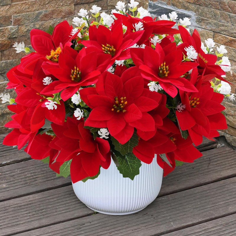 MOIAVAN 12 Bunches Poinsettias Artificial Christmas Flowers 14 inches, Red