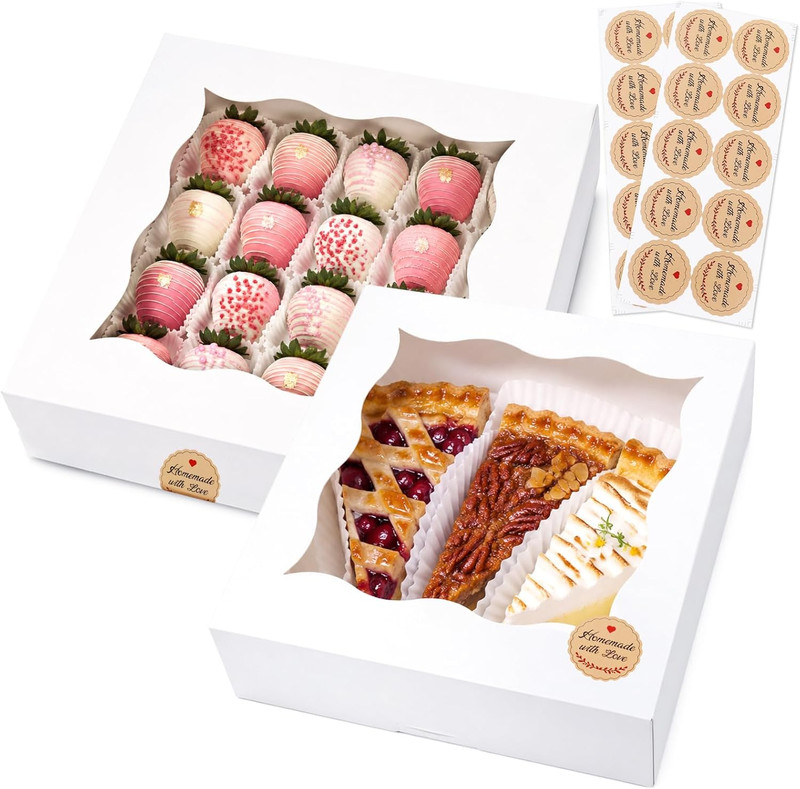 40 Pcs Pie Boxes with Stickers, 10 x 10 x 2.5 Inches Bakery Boxes with Window, A