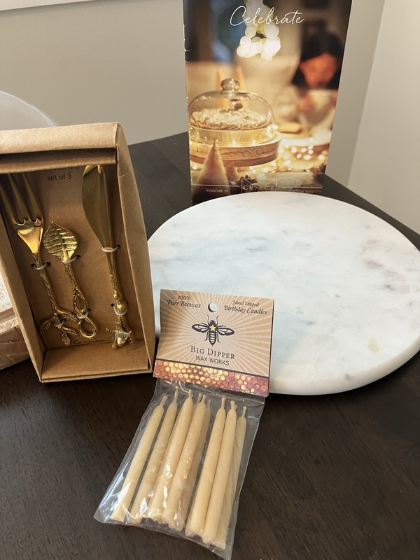 LOT Birthday cake Stand Glass Dome Beeswax Candles Mini Serving Utensils Marble gallery