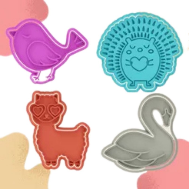 Cute Animal Cookie Cutter Set (4 pcs) – 3D Printed Bird, Swan, Alpaca & Hedgehog