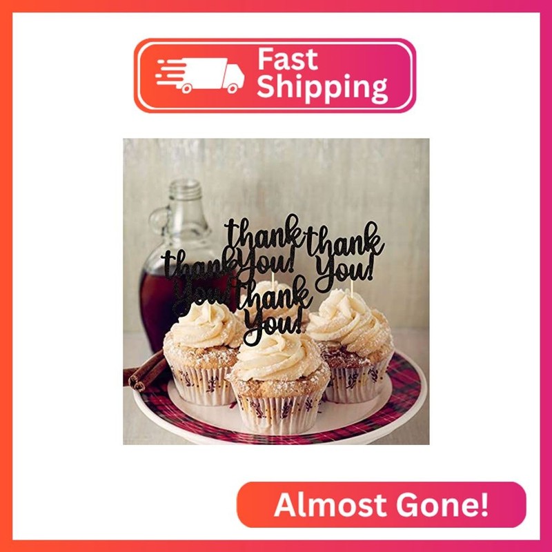 Rsstarxi 24 Pack Thank You Cupcake Toppers Black Glitter Thank You Cupcake Picks gallery