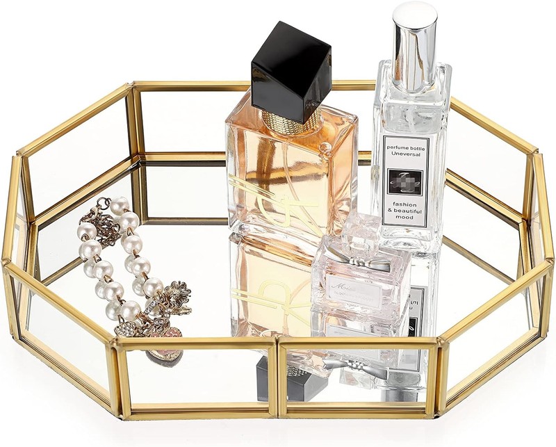 Hipiwe Mirror Glass Vanity Tray – Gold Ornate Makeup 8 x 5.7 x 1.8,