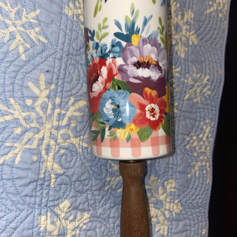 Pioneer Woman Ceramic Rolling Pin Sweet Romance Blossoms Pink Acacia Wood Handle gallery