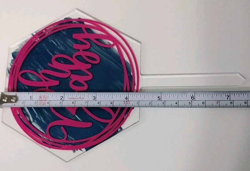 Oh Baby Acrylic Cake Topper Pink w/Blue Paint Splash Hexagon Paddle Baby Shower gallery