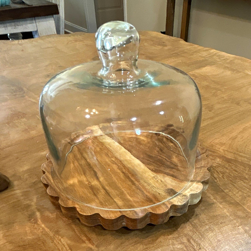 Round Wood cheese Stand w/ Glass Dome Cloche Lid, Rustic Wood Grain 6in