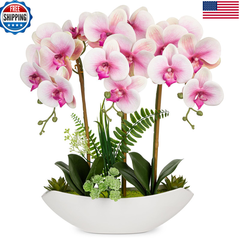 Briful Pink Orchid Artificial Flowers 18In Fake Orchid Silk Flowers Ceramic Pot
