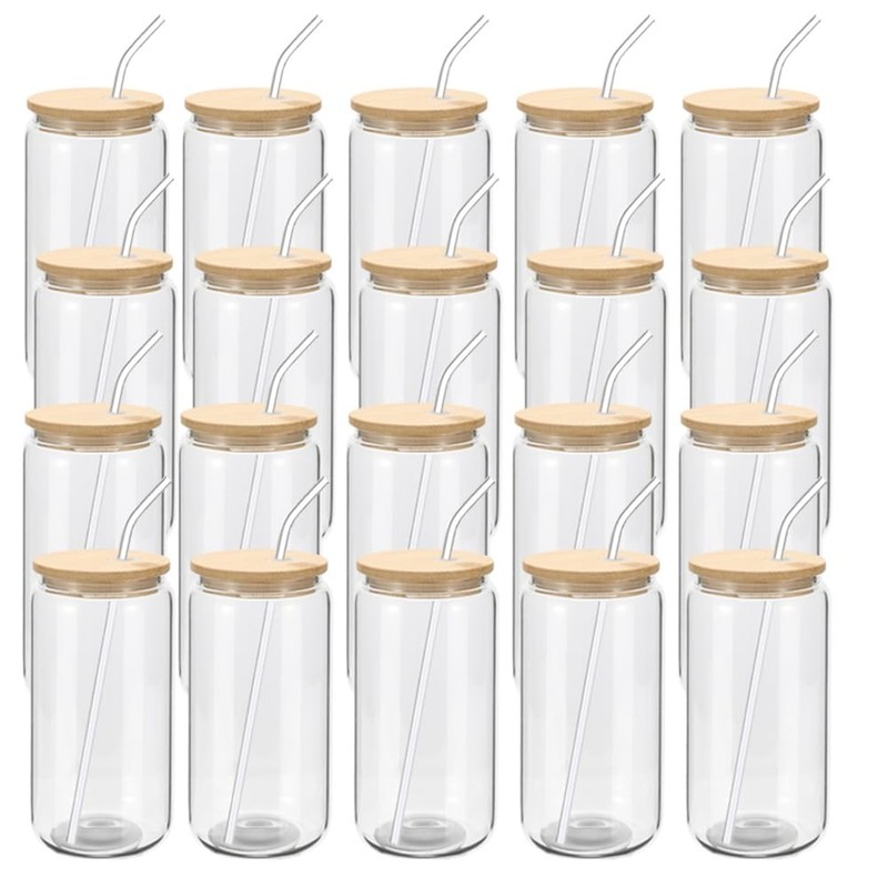 20 Pack Glass Cups with Bamboo Lids and Glass Straw 16oz Beer Can Shaped Drin...
