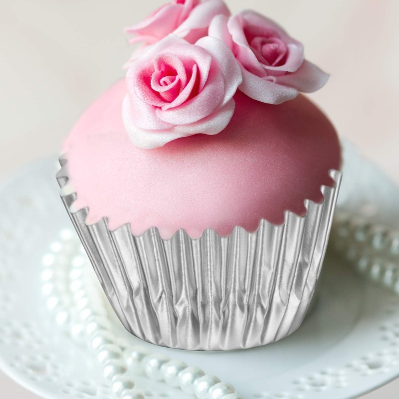 400 Pieces Mini Foil Cupcake Liners, Metallic Baking Cups, Disposable, Silver, gallery