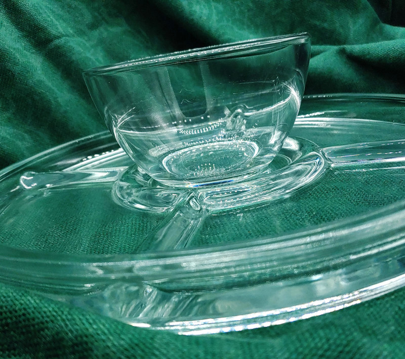 Clear Glass Relish Tray Chip and Dip Bowl Converts to Cake Stand-11 inch Vintage gallery