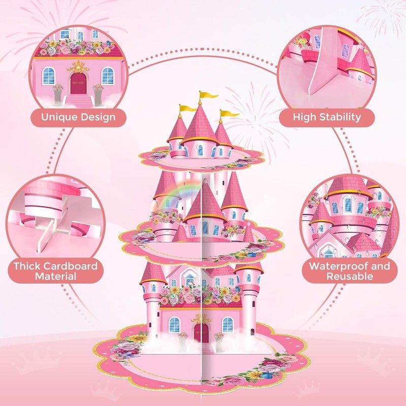 Pink Castle 2-Pack 3-Tier Cupcake Stands for Princess Birthday or Party Decor gallery