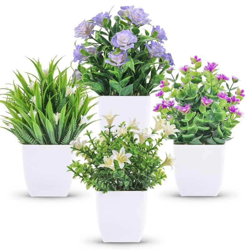 Der Rose 4 Pack Small Fake Plants with Flowers, Spring 7.18″H × 4.7″W, White