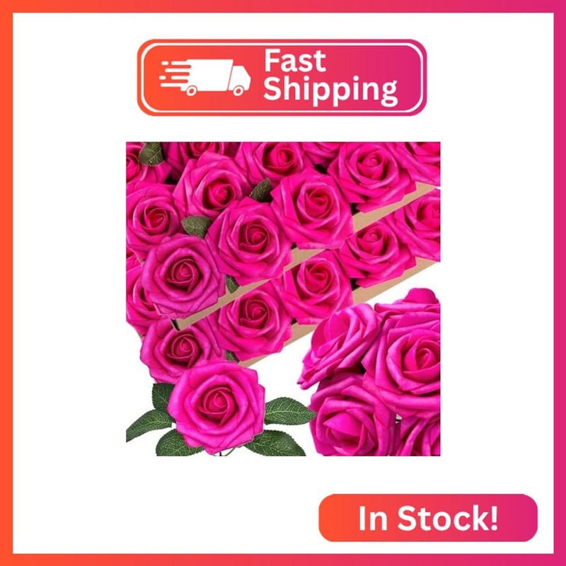 50pcs Hot Pink Artificial Flowers Fuchsia Foam Fake Rose with Stems 12 Leaves Re