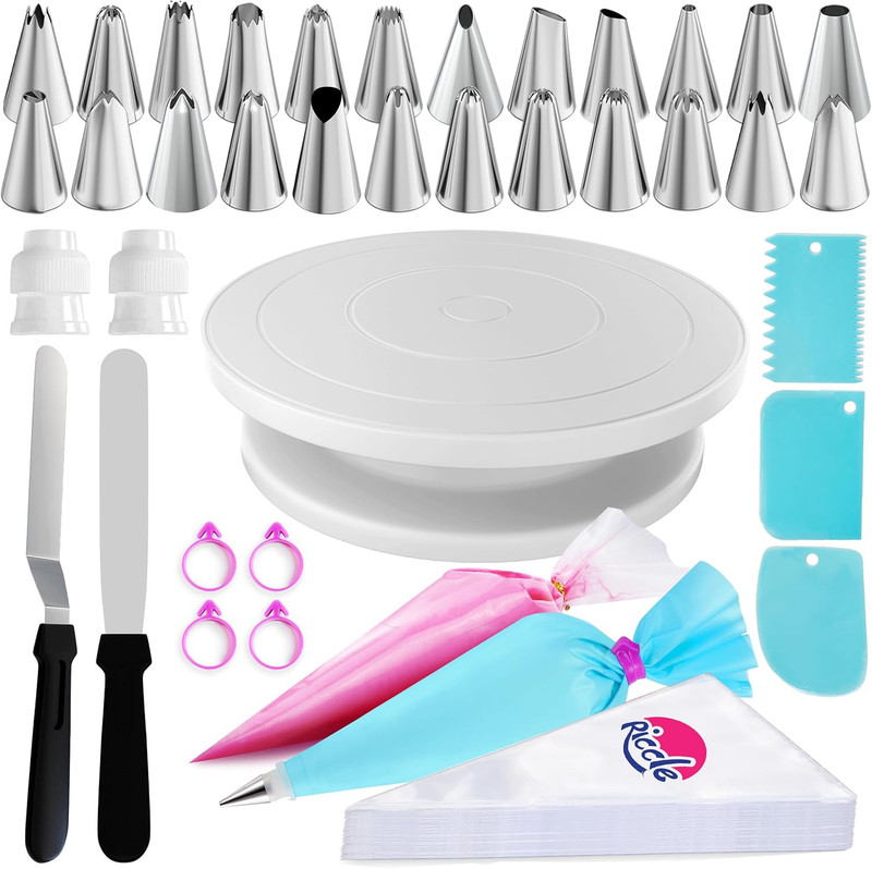 Riccle 88 pcs Cake Decorating Kit with Cake Turntable – Includes 50 Disposable +