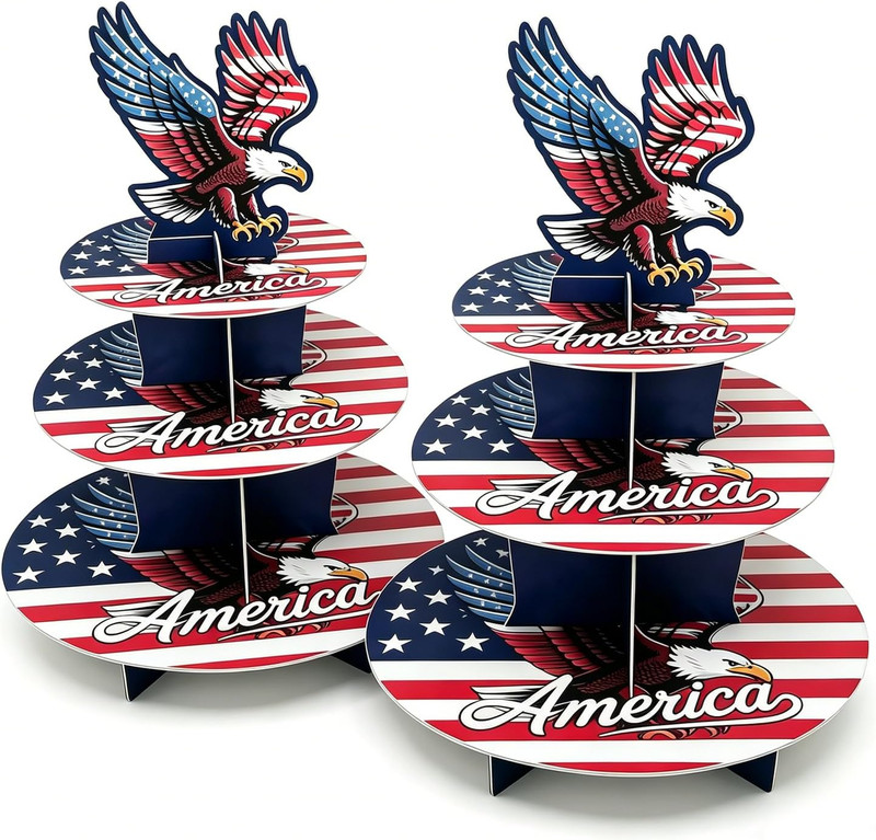 3-Tier Cupcake Stand – 2 Pack Patriotic America Flag Cardboard Cupcake Tower, De