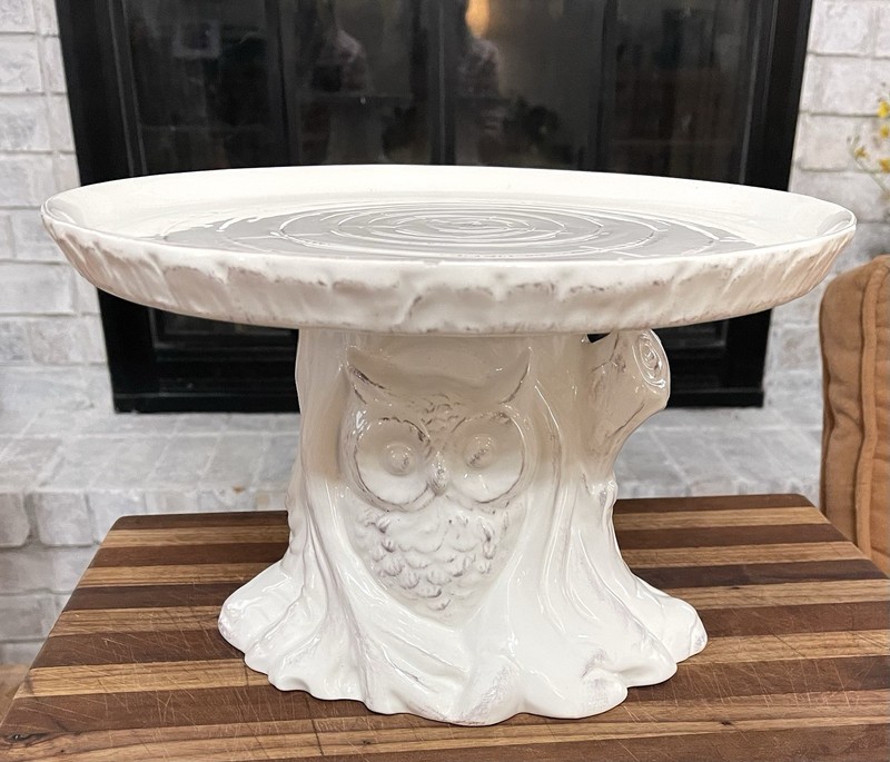 Pier 1 One Imports Cake Stand Tree Trunk Owl Burrow Rustic Cream White *CHIP