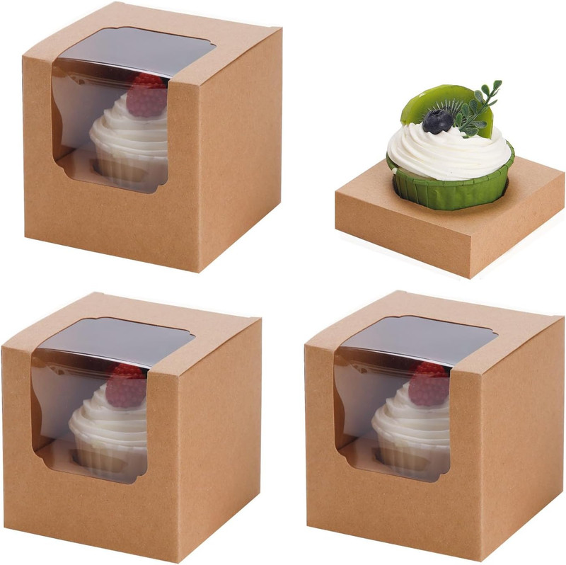 25 Pack Individual Cupcake Boxes 3.5” Clear Window Muffin Holder