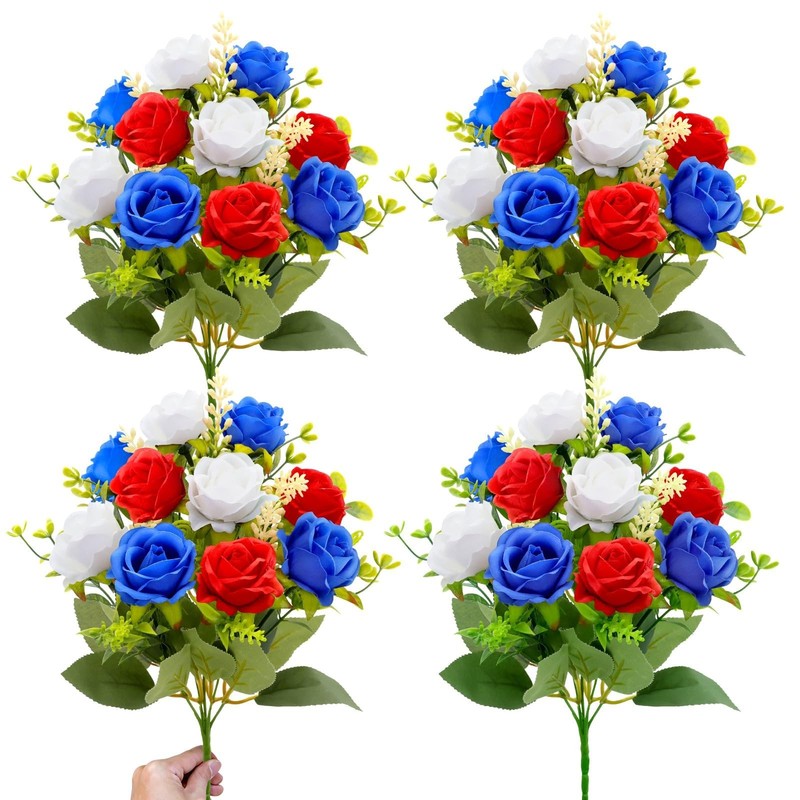 Turnmeon 4 Bouquets Artificial Red White And Blue Patriotic Flowers 4Th Of July