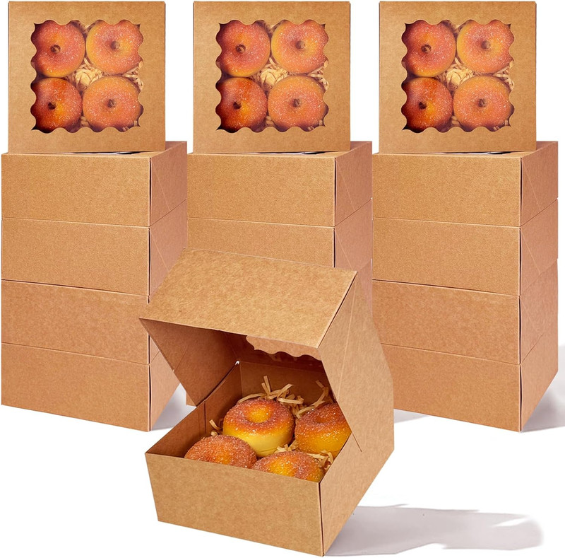 qiqee Auto-pop up 6x6x3 Inch Brown Cookie Box with Window 30Pcs Pastry Macaron B
