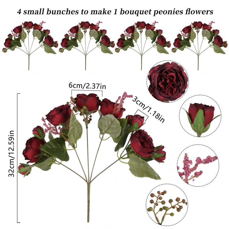 Artificial Peony Silk Flowers, Burgundy Faux Peony Bouquet 4 Bundles Home Decor gallery