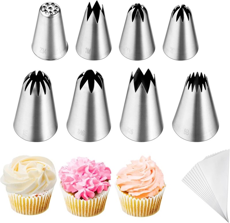 8-Piece Cake Decorating Tips Set – Stainless Steel with 10 Pastry Bags Included gallery