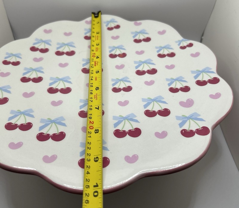 Whimsical Cherry And Hearts Pink & Blue Bows Pedestal Cake Stand W/Pink Bow gallery