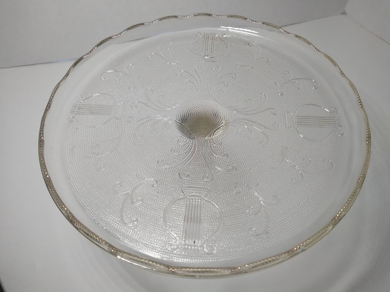 Vintage CAKE PEDESTAL PLATE Jeanette Glass HARP Scalloped Gold Rim gallery