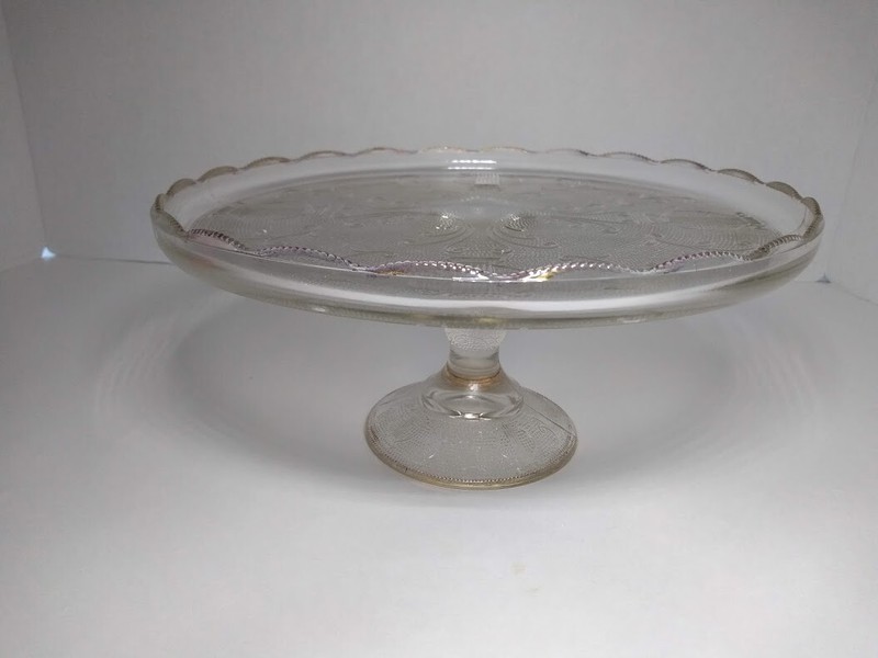 Vintage CAKE PEDESTAL PLATE Jeanette Glass HARP Scalloped Gold Rim gallery