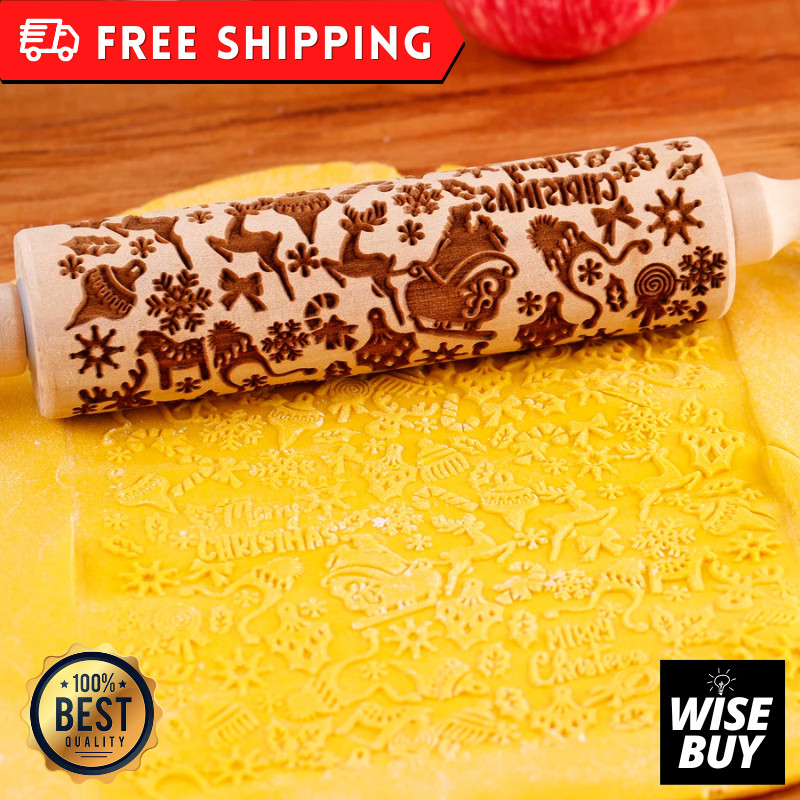 Wooden Christmas Embossed Rolling Pin + Backing Set Gift gallery