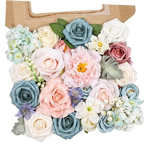 Artificial Flowers Combo Silk Mix Peony Rose Hydrangea Daisy Fake Blue Pink