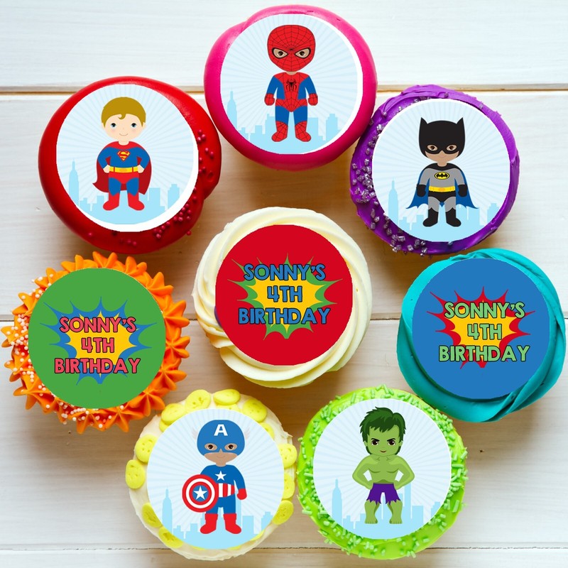 Superhero Boys Superman Spiderman Pre-cut Edible Icing Cupcake or Cookie Toppers