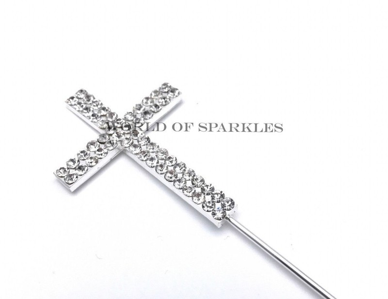 Diamante Silver Cross Holy Communion Christening Cake Topper 2 row D4