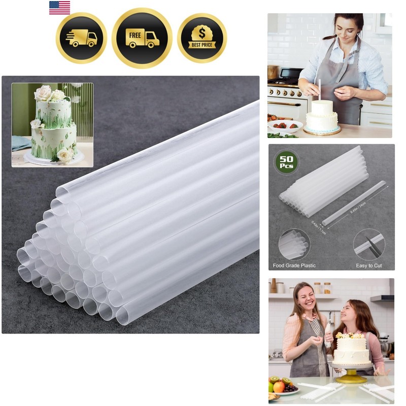Cake Dowel Rods 50 Pcs Clear Plastic Supports for Tiered Cakes 9.5 Inch