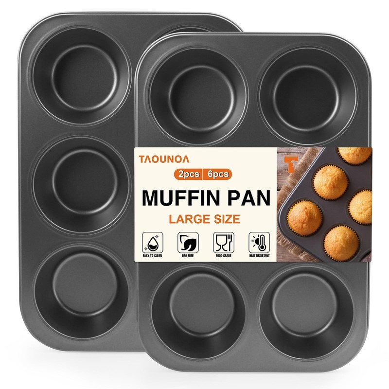 TAOUNOA Jumbo Muffin Pan 6 Cup Cupcake Tin Nonstick, 2PCS 6 cup, Gray