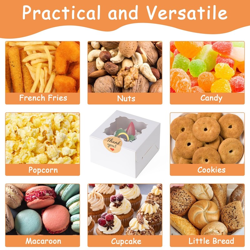 50Pcs Cookie Boxes with Window, 4X4X2.5 Inches Bakery Boxes with 50Pcs Stickers gallery