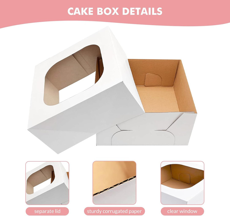 3 Pack Sturdy Corrugated Cake Boxes with Window, 10"X10"X5" | White Disposable C gallery