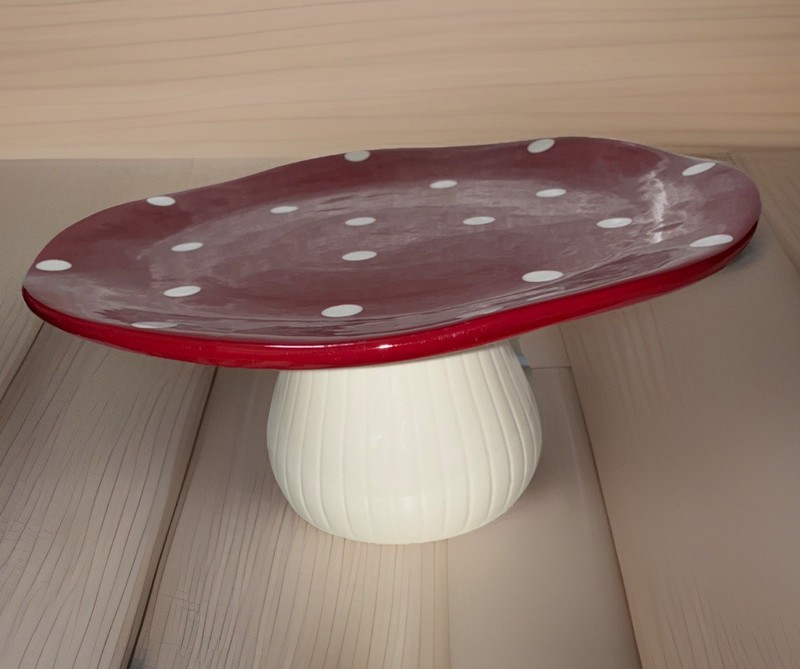 Ceramic Pedestal Mushroom Tray / Cake Stand Red Top With White PolkaDots 11” gallery