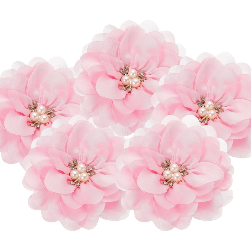 3.15 Inch Rhinestone Chiffon Flower, 5 Pcs Fabric Appliques, Pink
