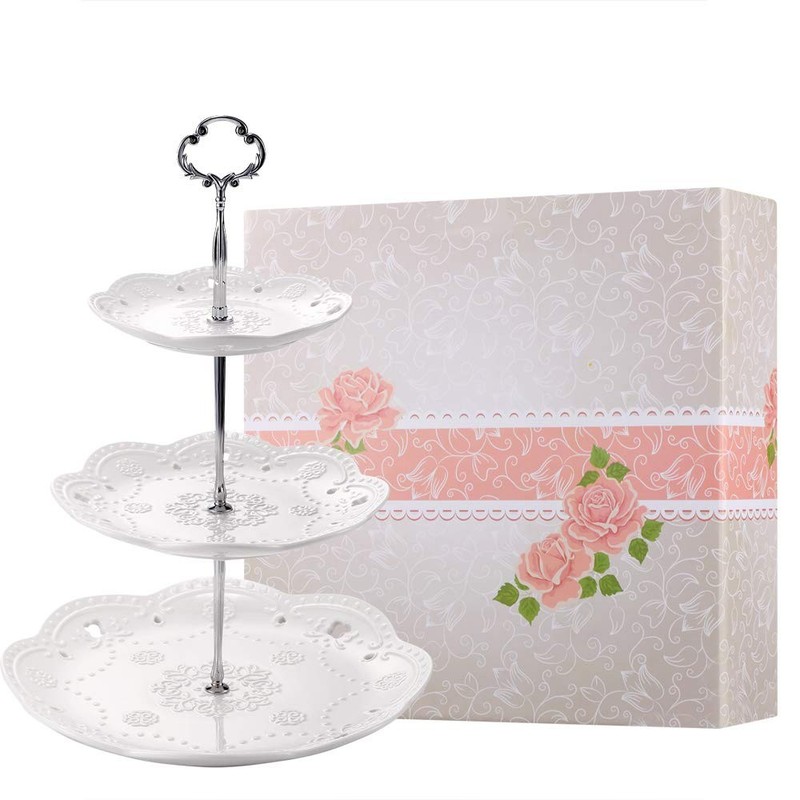3-Tier Porcelain Cupcake Stand Serving Tray – White Embossed Elegant Dessert …
