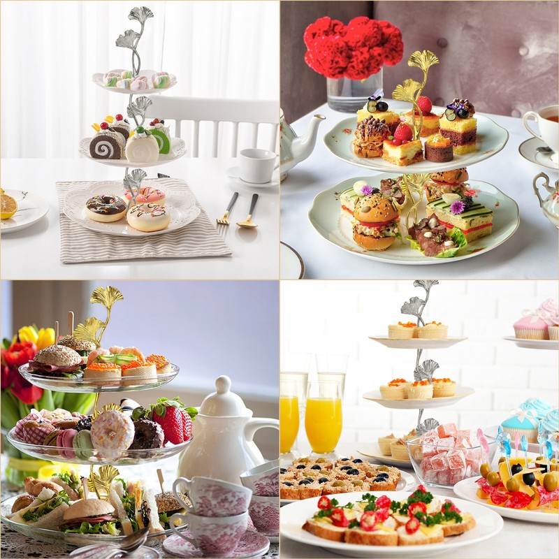 2 Tiers Cake Tray Stand Handle Metal Holder for Cake Plate, Silver (Flower) gallery