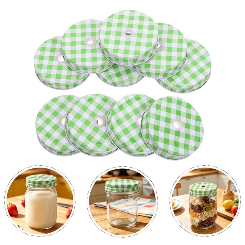 10pcs Mason Jar Lids with Straw Hole, Green Gingham Checkered Regular Mouth gallery