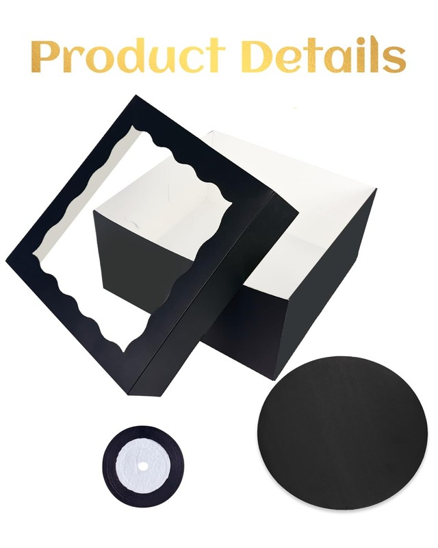 Black Bakery Cake Boxes With Window Round Boards Ribbon 12x12x6 Inch 18 PCS gallery