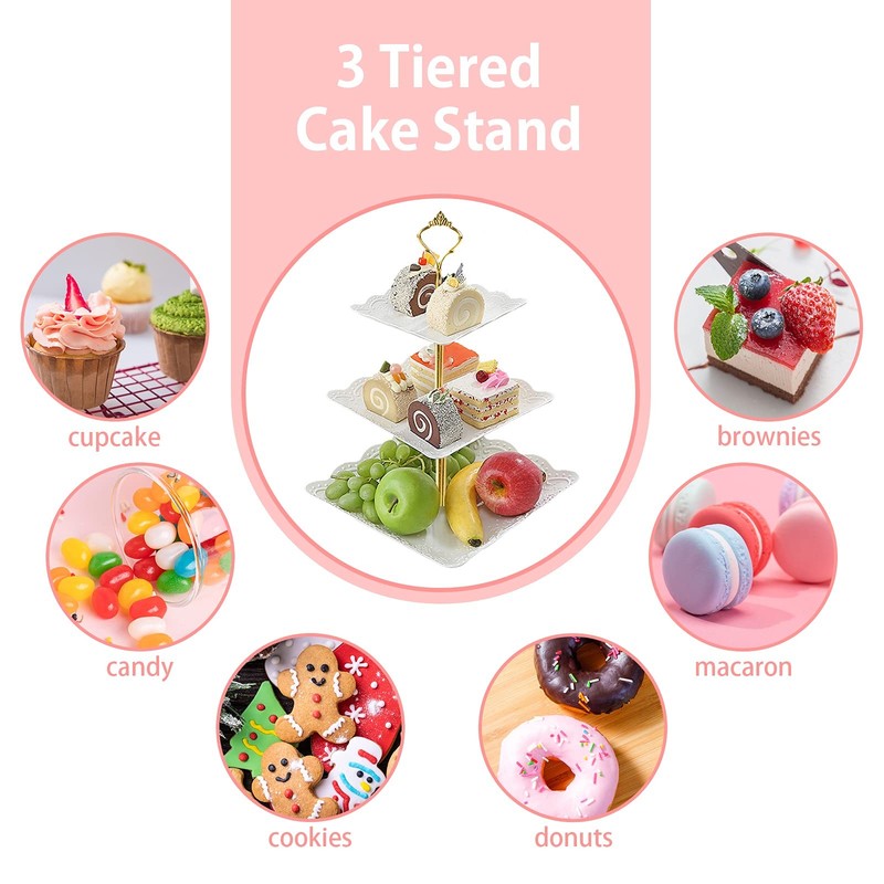 3Pcs White Square 3 Tiered Cake Stands, 3 Tier Serving Tray Cupcake Holder De... gallery