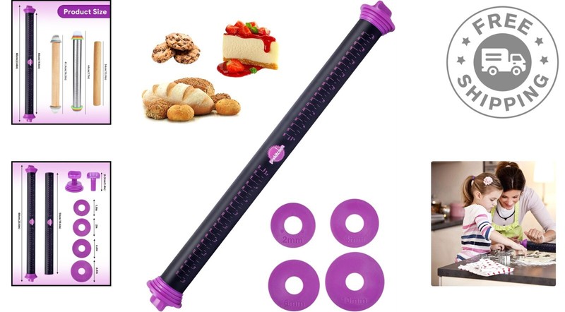 23.6-Inch Silicone Rolling Pin with Adjustable Thickness Rings – Purple Elegance gallery