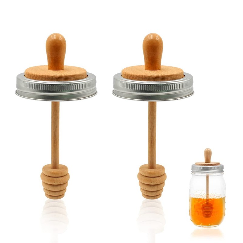 2pcs Wooden Mason Jar Honey Dipper with Lids Set - Honey Dipper Wooden Stick ...