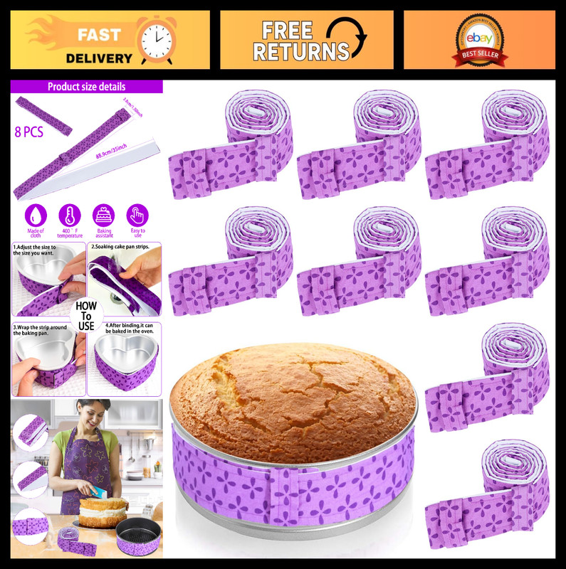 8 Pack Reusable Cake Strips for Even Baking, Heat Resistant Adjustable Wraps 6-1