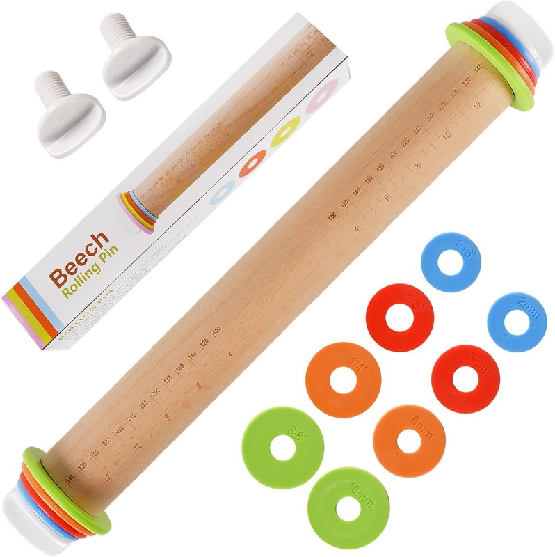 Wood Rolling Pin With 4 Adjustable Thickness Rings, Non-stick Dough Roller For