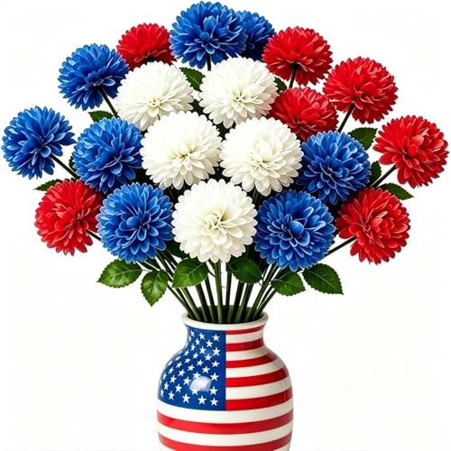 24pcs 4th of July Flowers Artificial Chrysanthemum Ball Red Blue White-24pcs gallery