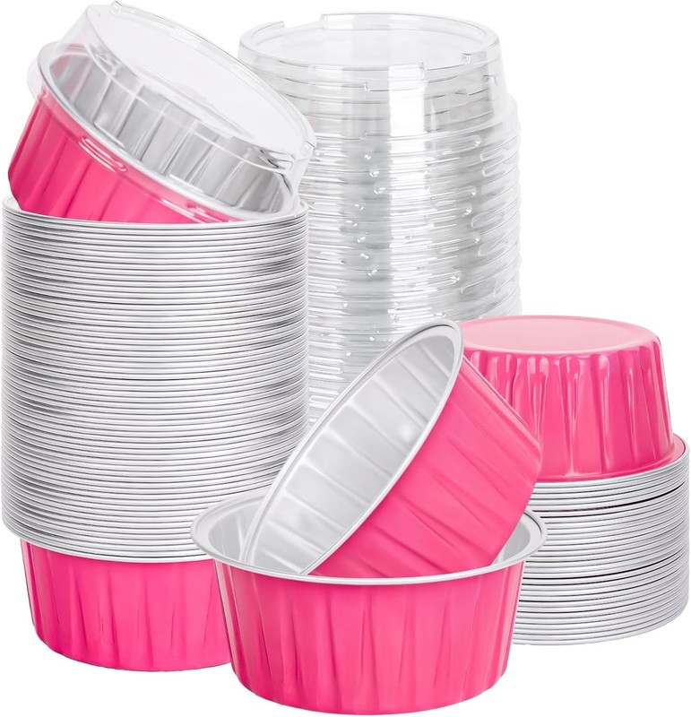 60Pcs Aluminum Foil Baking Cups with Lids 4.2 Oz Hot Pink Cupcake Holders Muffin
