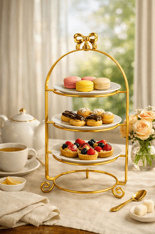 Gold 3 Tier Plate Stand | Bow Arched Display Stand | Handcrafted Metal | gallery